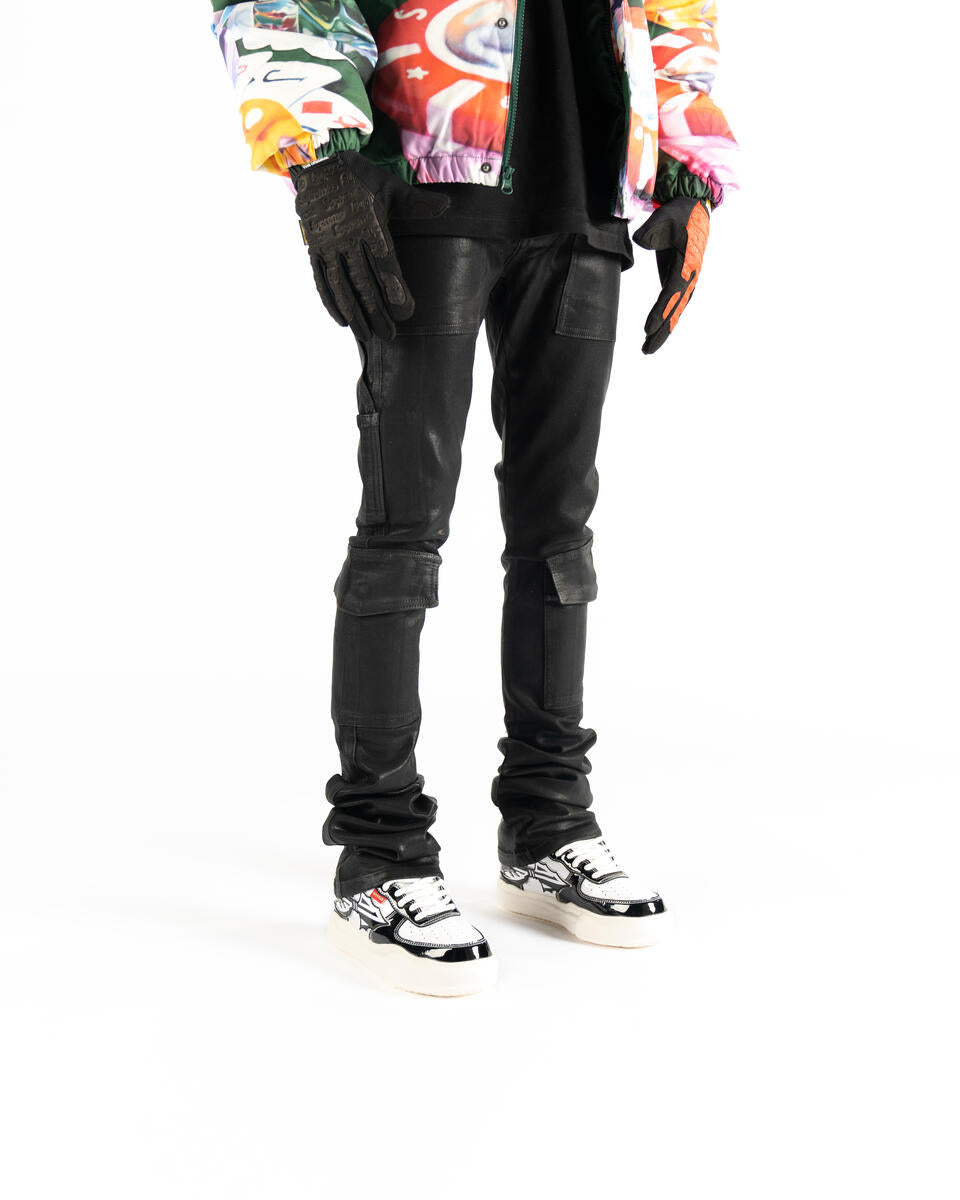 HEAVY ASPHALT CARGO FLARE STACK WAX DENIM