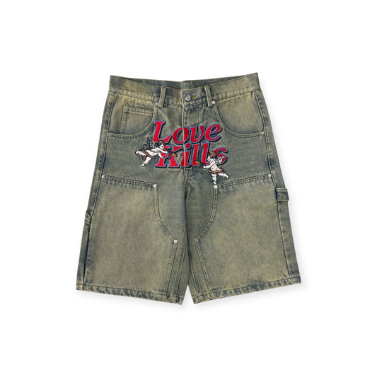 LOVE KILLS ANGEL EMBROIDERY DENIM SHORTS